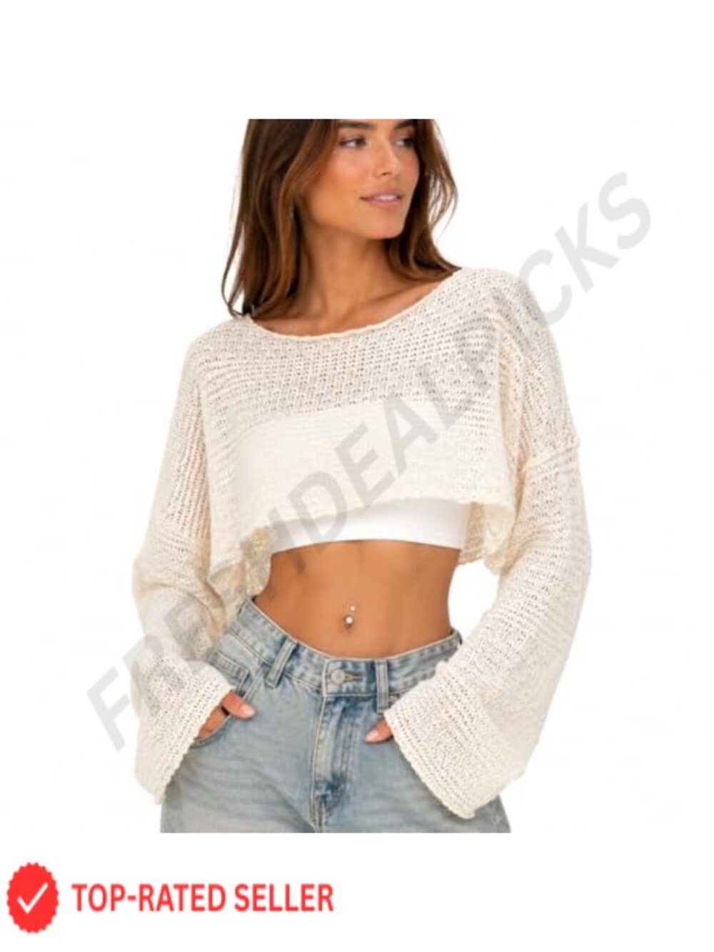Off Shoulder Cropped Knit Sweater Long Sleeve Lightweight Open Knit Crop Top
